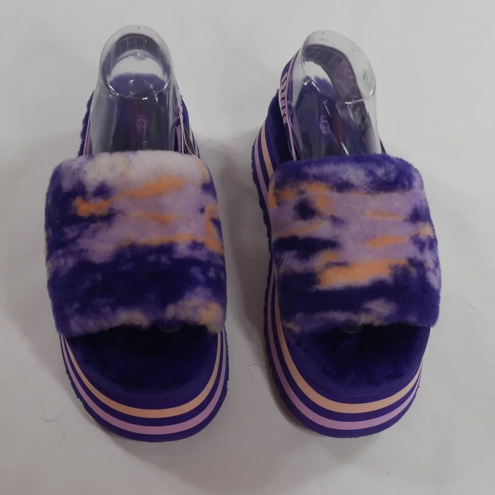 New UGG® Plush Disco Marble Fur Platform Slides Violet Night Womens Size 10